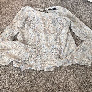 White House Black Market Cream and Beige Paisley Long-Sleeve Blouse